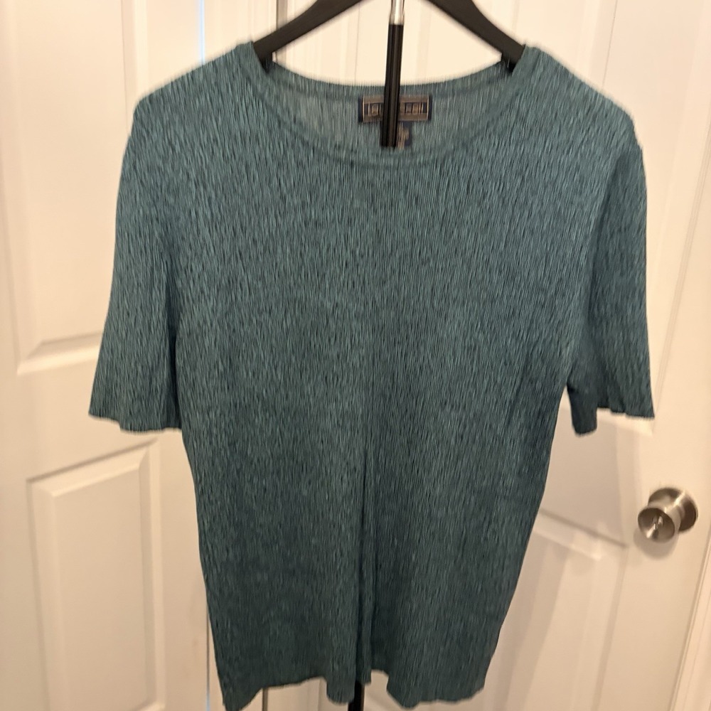VTG 90s Laura Scott Teal Marled Knit Crinkle Pleated Top XL 18 Casual Chic EVC